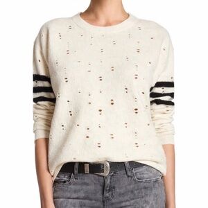 Current/Elliott Destroyed Boiled Wool Crew Neck Sweater Cream Black Sz 2 Medium
